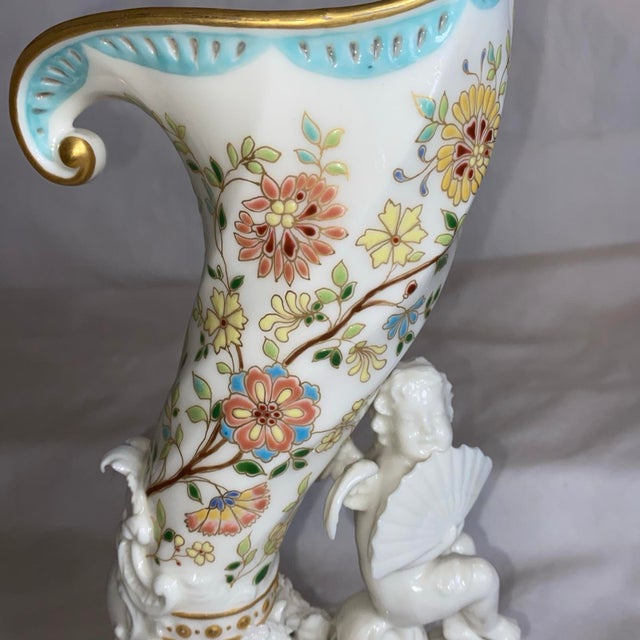 Pair of 1970s Cornucopia Hand Painted Floral With Cherubs on the Tips For Sale - Image 10 of 11