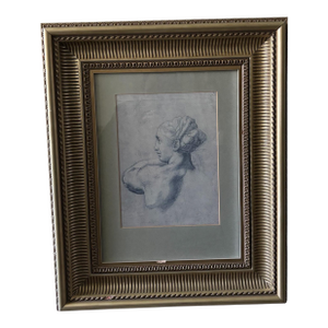 1990s "Head of a Women " Framed Charcoal Drawing Reproduction