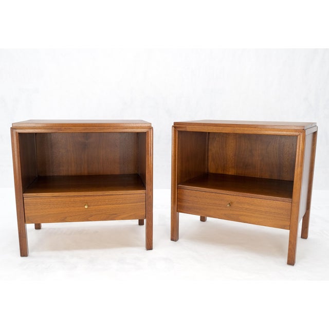 Pair Finished Back Danish Mid Century Modern One Drawer Walnut Night Stands MINT For Sale - Image 6 of 18