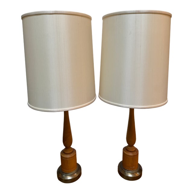 Mid 20th Century Walnut Wood Table Lamps, a Pair For Sale
