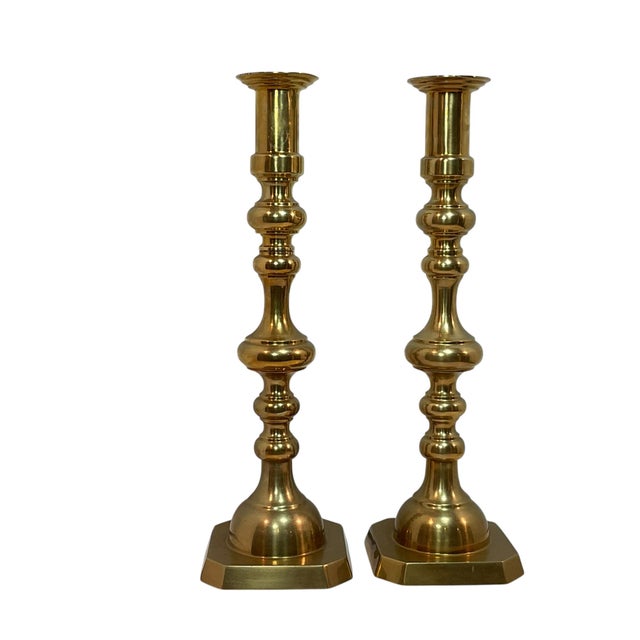 Metal 1970s Tall Brass Candle Holders - A Pair For Sale - Image 7 of 9