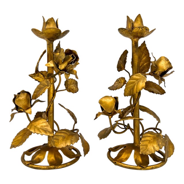 Vintage Italian Gilt Tole Rose Candleholders - Pair - Hollywood Regency, Romantic For Sale
