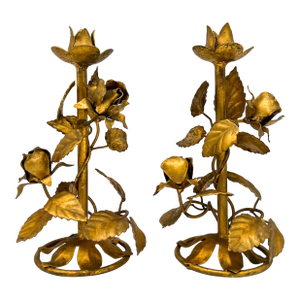 Vintage Italian Gilt Tole Rose Candleholders - Pair - Hollywood Regency, Romantic