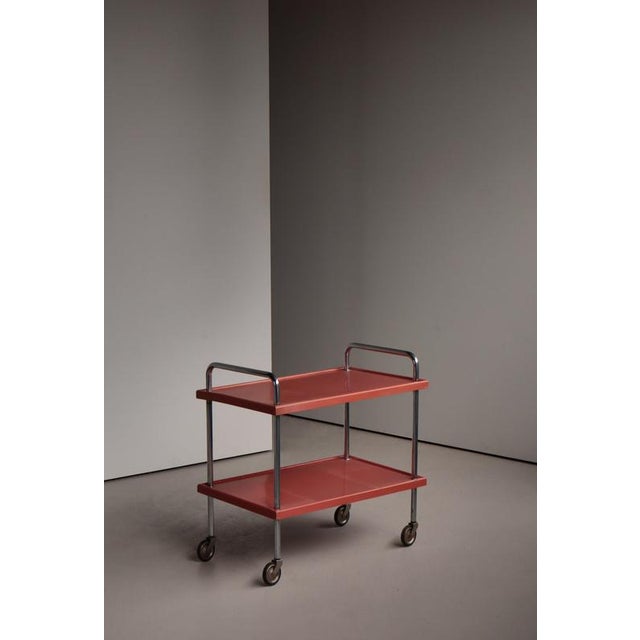 Functionalist Scandinavian Red Lacquered Steel Tube and Wood Serving Cart, 1930s For Sale - Image 3 of 18