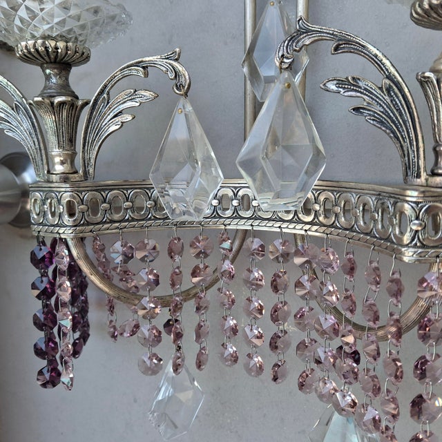 1940's Hollywood Regency Silvered Metal With Amethyst & Pink Cut Austrian Crystal Waterfall Wall Sconces a - Pair For Sale - Image 10 of 18