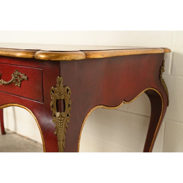 Red John Widdicomb French Louis XV Red Lacquered Leather Top Bureau Plat Desk With Mounted Bronze Ormolu For Sale - Image 8 of 13