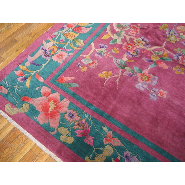 Art Deco 1920s Pink Floral Modern Antique Chinese Art Deco Rug 9' X 11'8" Handknotted Wool Carpet For Sale - Image 3 of 6