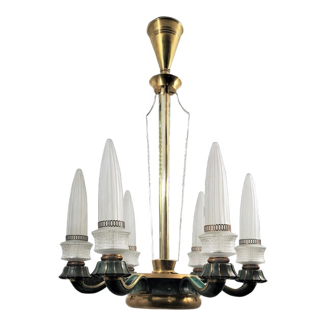 Mid 20th Century Frosted Glass and Bronze Six Arm Chandelier Attrib to Maison Baguès For Sale