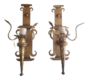 Vintage Vintage Neoclassical Gothic Wrought Iron Gilt Wall Sconces - Set 2 Pair