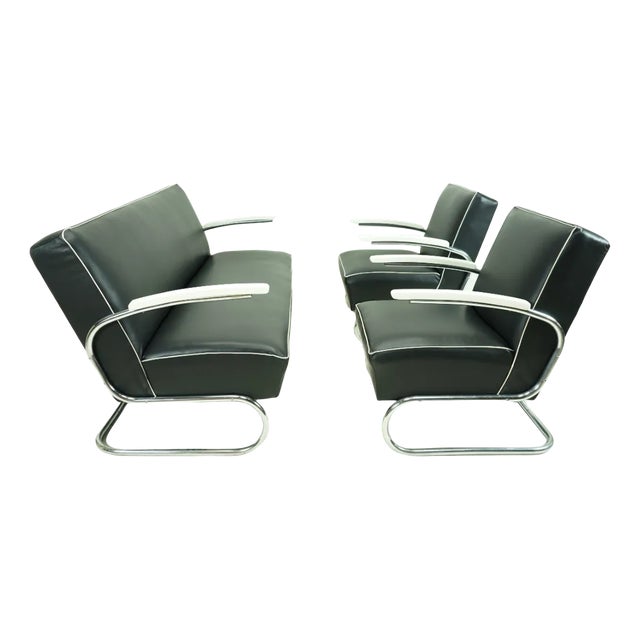 Cantilever Black Nappa Leather Set Sofa and Armchair from Mücke Melder, 1930s, Set of 3 For Sale