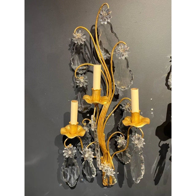 1930s 1930’s Bagues 3 Lights Large Sconces With Big Crystals Pendants For Sale - Image 5 of 6