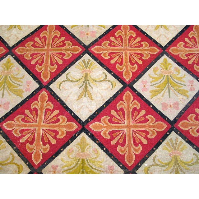 1870s Red White Diamond Antique French Needlepoint Rug 13'8" X 16'10" Flatweave Wool Carpet For Sale - Image 4 of 6