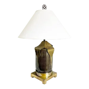 1970s Ceramic & Brass Leaves Lamp & Shade