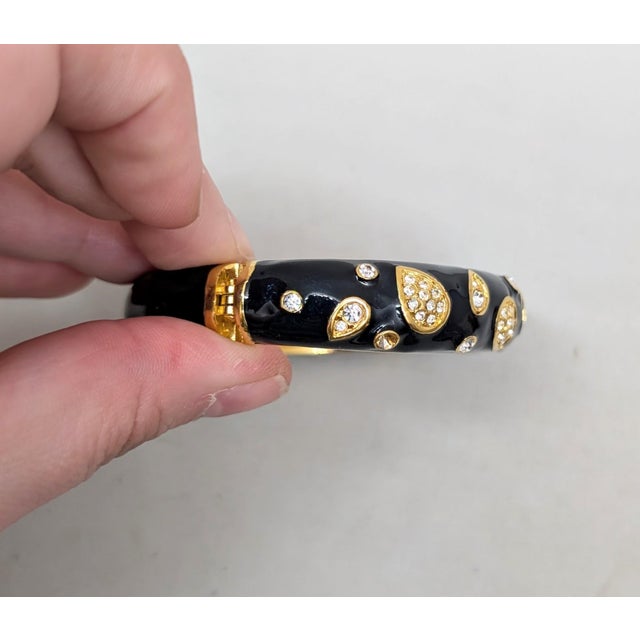 Napier Vintage Signed Napier Goldtone Black Enamel & Clear Rhinestone Cuff Bracelet For Sale - Image 4 of 11