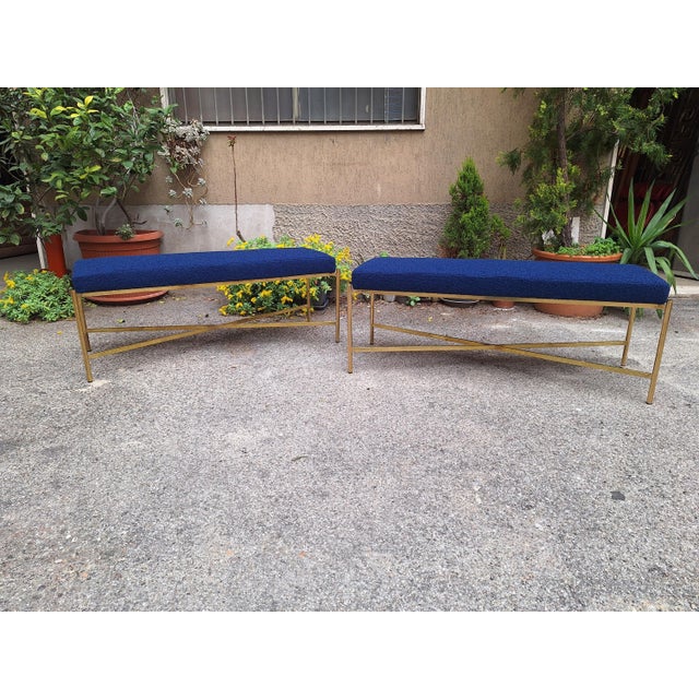1990s Benches in Brass and Electric Blue Fabric, 1990s, Set of 2 For Sale - Image 5 of 16