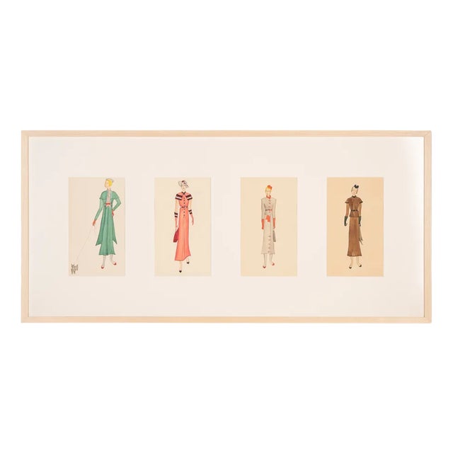 Art Deco Fashion Drawings V, Gouache on Paper, Framed For Sale