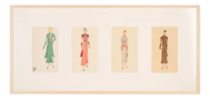 Art Deco Fashion Drawings V, Gouache on Paper, Framed