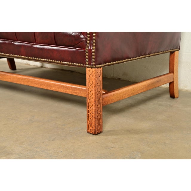 Hancock and Moore Style Vintage Chippendale Tufted Oxblood Leather Camelback Chesterfield Sofa, Circa 1980s For Sale - Image 10 of 14