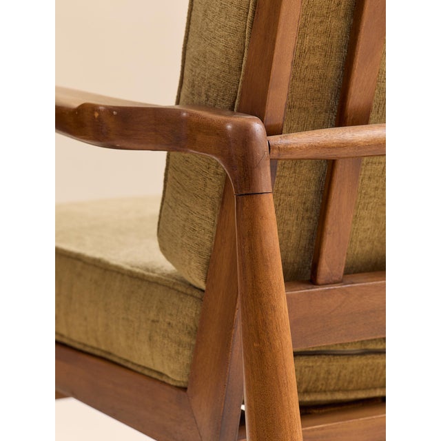 The Vintage MCM Teak Exposed Frame Arm Chair With Brass Caps, Newly Upholstered For Sale In Chicago - Image 6 of 13