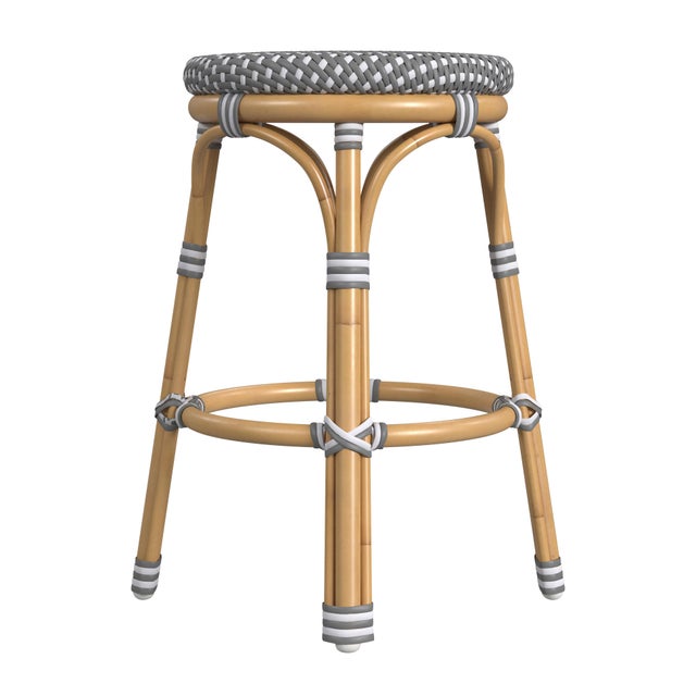 Spritely Home Accent Furniture Tobias 24.5 in. Seat Height Outdoor Rattan and Metal Backless Counter Stool, Gray/White Dot / Natural Rattan Frame For Sale - Image 4 of 7