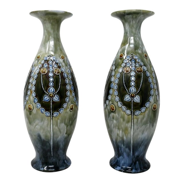 Antique Pair English Porcelain Royal Doulton Ceramic Art Nouveau Vases Urns For Sale