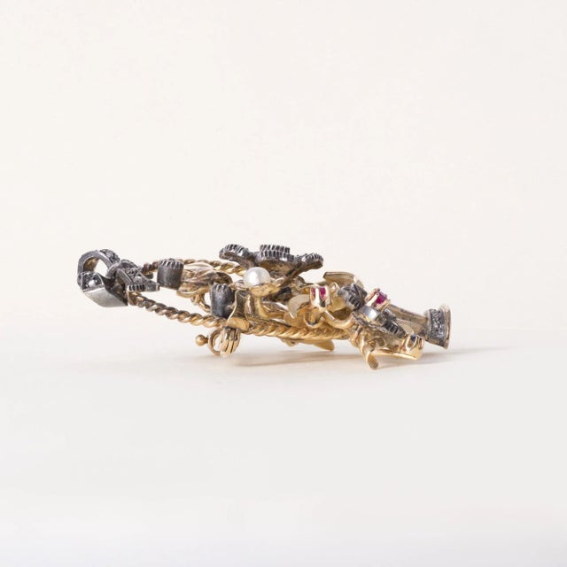 Victorian Late 19th Century Victorian 18k and Platinum Gemstone and Antique Diamond Floral Basket Brooch For Sale - Image 3 of 6