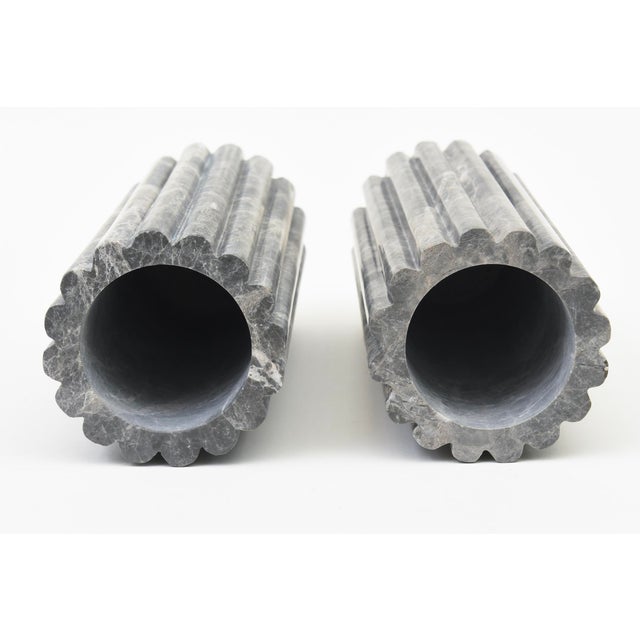 Marble Variegated Vases, Gray and Off White Pair Of For Sale - Image 10 of 11