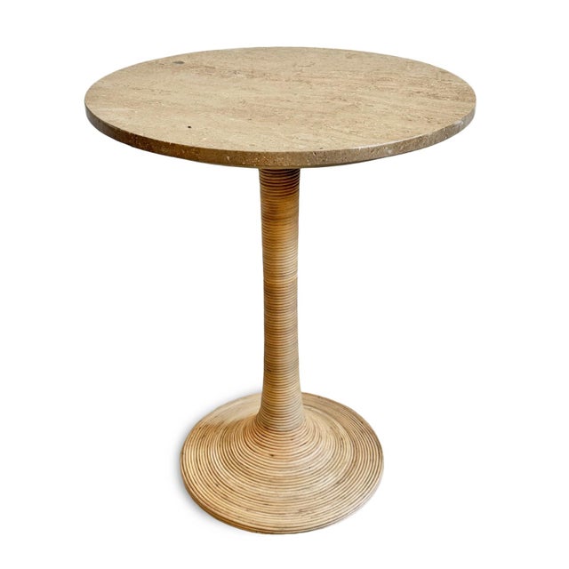 Round travertine stone top side table with cane wrapped sturdy iron pedestal base. Beautiful tan/beige natural coloring....