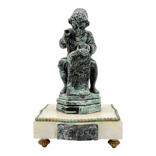 Bronze Finish Plaster Figure of Young Michelangelo on the Antique Marble Base For Sale