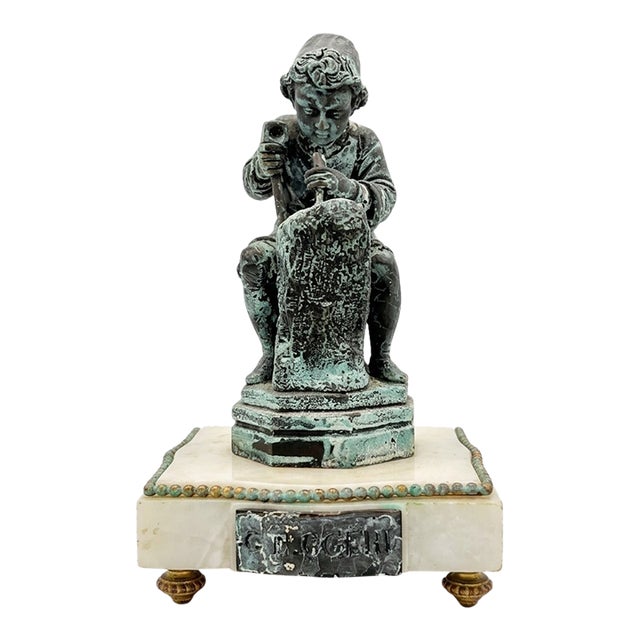 Bronze Finish Plaster Figure of Young Michelangelo on the Antique Marble Base For Sale