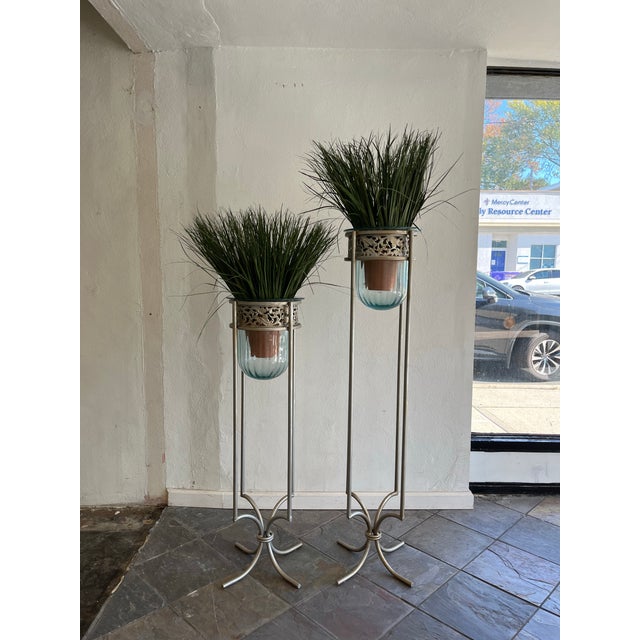 Pair of Mexican Aqua Blown Glass Vessels on Decorative Tole Metal Plant Stands For Sale - Image 4 of 10
