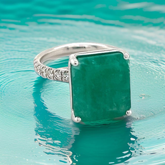 Natural Emerald Diamond Ring Size 6.5 14k White Gold 8.27 TCW Certified For Sale In New York - Image 6 of 12