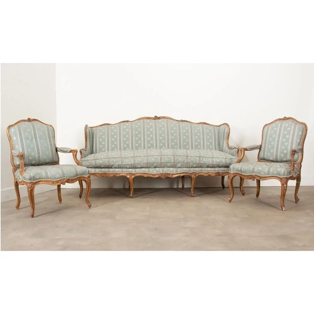 French 19th Century Louis XV Style Gilt & Upholstered Parlor Set - Set of 3 For Sale - Image 3 of 12