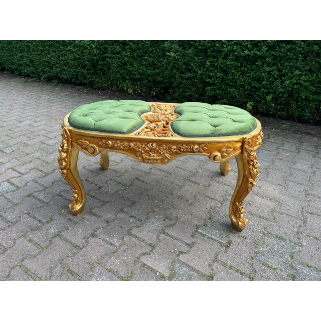 1980s 1980 Italian Baroque Gold Beech Green Velvet Bench - 1 Pc For Sale - Image 5 of 13