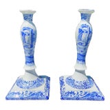 Vintage Spode Italian Blue and White Candlesticks- a Pair For Sale