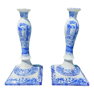 Vintage Spode Italian Blue and White Candlesticks- a Pair