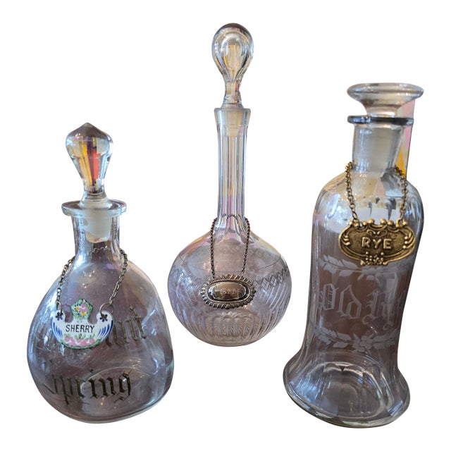 Vintage Decanters Barware With Enamel Tag- Set of 3 For Sale