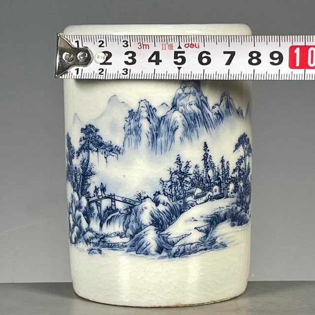 Chinese Blue & White Crackle Glaze Porcelain Brush Pot With Landscape Scene For Sale - Image 3 of 9