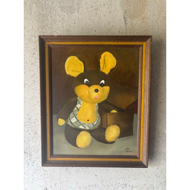 A charming and quietly expressive vintage painting depicting a well-loved stuffed teddy bear, rendered in warm brown and...
