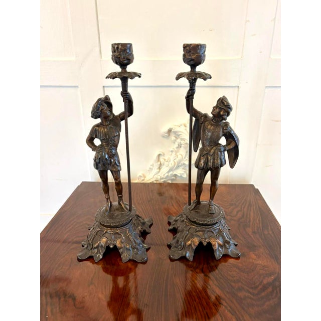 Brown Antique French Victorian Figural Spelter Candlesticks with Soldiers, 1880, Set of 2 For Sale - Image 8 of 9