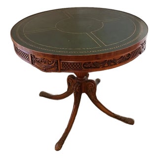 Gorgeous Round Mahogany Table With Green Leather Top For Sale
