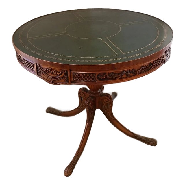 Gorgeous Round Mahogany Table With Green Leather Top For Sale
