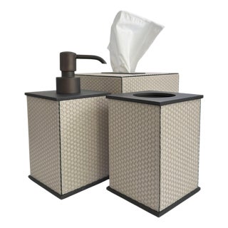 Taupe Leather & Bronze Bathroom Accessories Set from Giobagnara Firenze, 2016, Set of 3 For Sale
