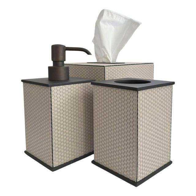 Taupe Leather & Bronze Bathroom Accessories Set from Giobagnara Firenze, 2016, Set of 3 For Sale