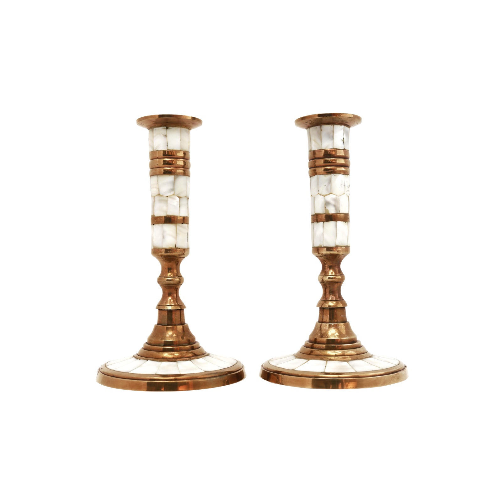 Vintage Brass Mother Of Pearl Candle Holders Set Of 2 Chairish