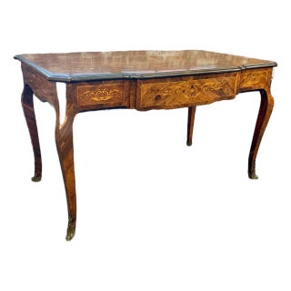 Early 20th Century Louis XV Style Inlaid Writing Desk With Bronze Mounts For Sale