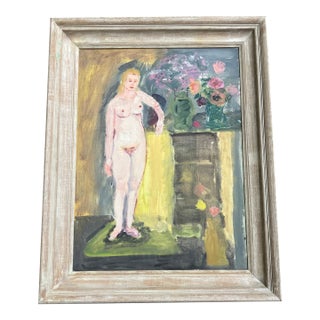 1970’s Original Abstract Expressionist Modernist Female Nude Naive Painting Mid Century Wood Frame For Sale