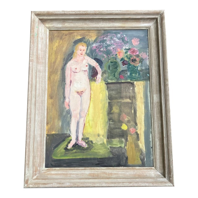 1970’s Original Abstract Expressionist Modernist Female Nude Naive Painting Mid Century Wood Frame For Sale
