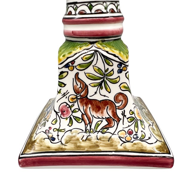 Pair of Hand-Painted Portuguese Faience Candlesticks by C. Melo With Birds, Dog, Castle & Deer – Folk Art / European Traditional For Sale - Image 13 of 18