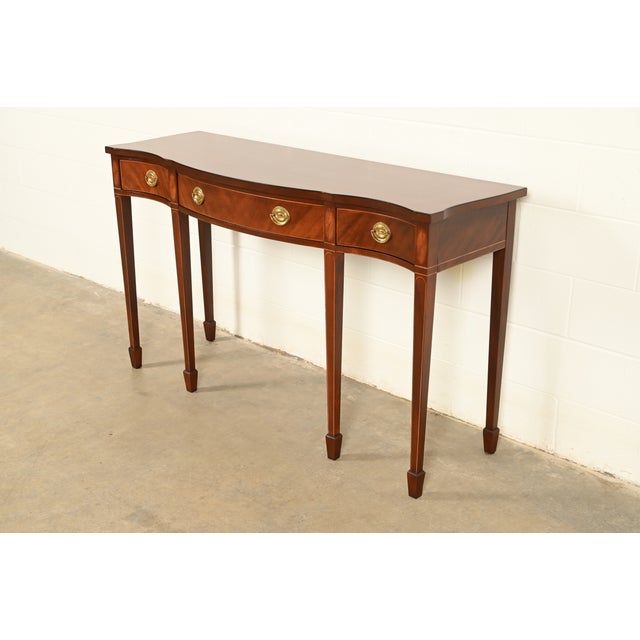 English Baker Furniture Historic Charleston Federal Inlaid Mahogany Three-Drawer Console Table | Newly Refinished For Sale - Image 3 of 14
